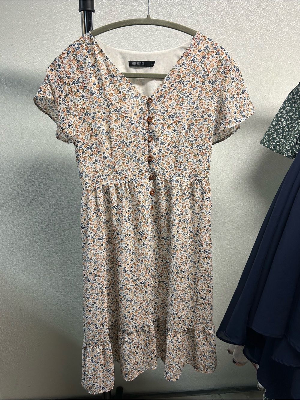 Mikarose Cream Floral Button-Front Casual Dress with Blue and Tan Accents